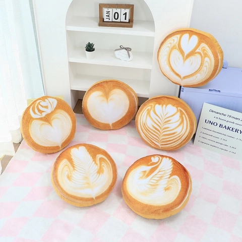 Realistisch Koffie Latte Art Rond Sierkussen Zacht Pluche Kussen Voor Bank Kantoor Nieuwigheid Hart Blad Patroon Decor
