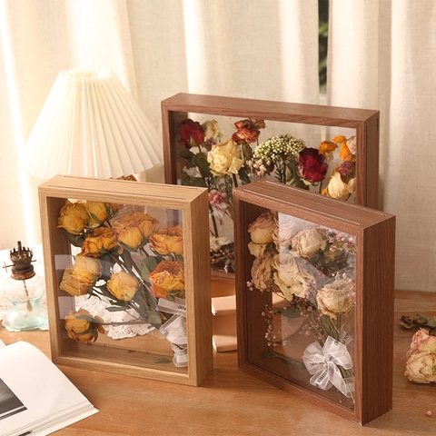 Wooden Shadow Box Frame Double Sided Glass Hollow DIY Specimen Display Case For Dried Flower Preserved Rose Desktop Decor