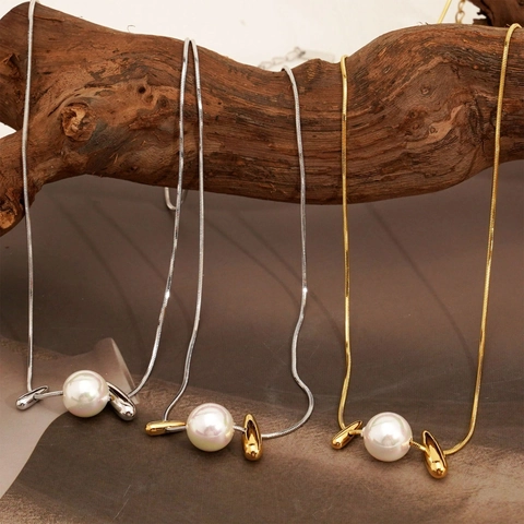 Pendant Necklace Stainless Steel Artificial Pearl Snake Chain Geometric Minimalist Waterproof Hypoallergenic Jewelry For Women