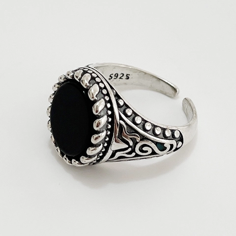 Retro Black Agate Adjustable Open Ring 925 Sterling Silver Vintage Engraved Oval Gemstone Antique Korean Style Jewelry