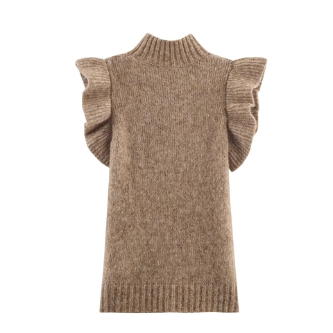 Top In Maglia Da Donna Collo Alto Spalla Con Volant Senza Maniche Elegante Pullover In Poliestere