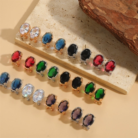 French Vintage Oval Zirconia Stud Earrings For Women Retro Copper Gold Silver Plated Crystal Geometric Earring Fashion Jewelry