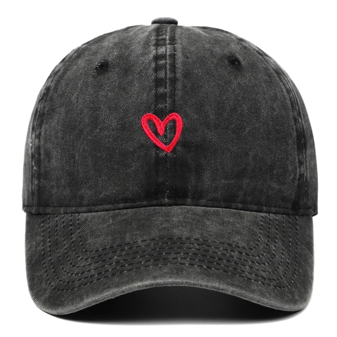 Casquette De Baseball En Coton Lavé Avec Broderie Coeur Rouge Réglable Chapeau Soleil Extérieur Style Vintage