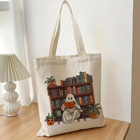 Canvas Draagtas Esthetisch Lezende Spook Bloemen Boek Herbruikbaar Grote Capaciteit Schoudertas Voor Dames