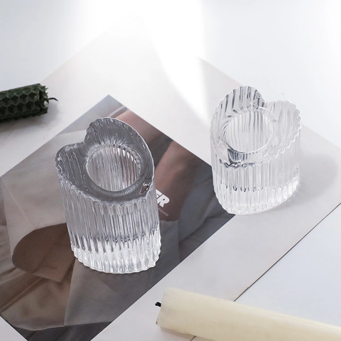 Heart Shaped Ribbed Glass Candle Holder And Scented Taper Dinner Candles Minimalist Home Decor Centerpiece