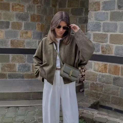 Women Faux Suede Jacket Lapel Zipper Oversized Lantern Sleeve Baseball Outwear Short Autumn Streetwear Loose Coat