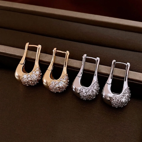U Shaped Hoop Earrings Copper Full Cubic Zirconia Pave Geometric Luxury Fashion Versatile Sophisticated Women Ear Buckle
