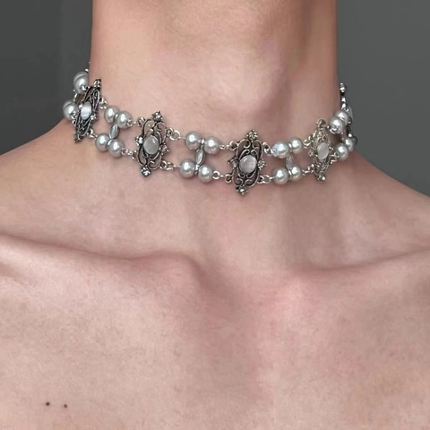 Gothic Y2K Necklace Choker For Women Alloy Faux Artificial Pearl Cat Eye Stone Multi Layer Clavicle Chain Sweet Cool Jewelry