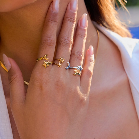 Stainless Steel Star And Moon Open Ring Adjustable Mixed Color Gold Silver Minimalist Niche Design Jewelry Women