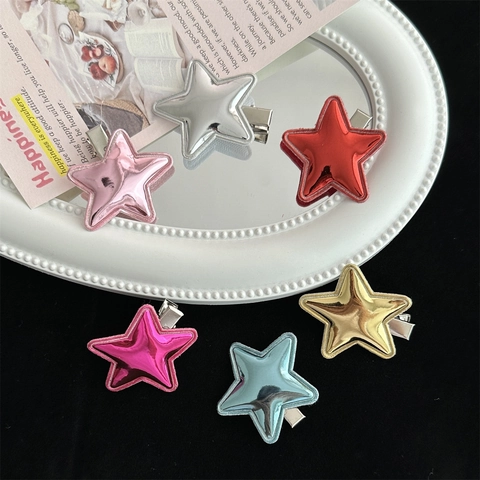 Pinzas Para El Cabello Estrella Cuero Cinco Puntas Metálico Brillante Estilo Y2K Dulce Genial Clips Pico De Pato Mujeres Niñas