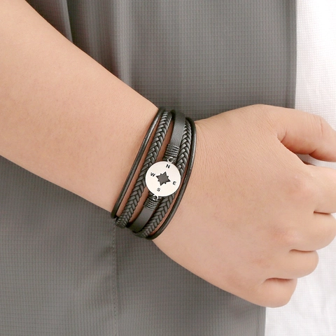 Bracciale Da Uomo In Pelle Intrecciata Multistrato Pendente Bussola Acciaio Inossidabile Chiusura Magnetica Gioielli Punk