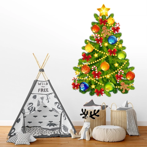 Christmas Tree Wall Stickers Waterproof PVC Window Decals For Living Room Bedroom Glass Decor Colorful Ornament Patterns