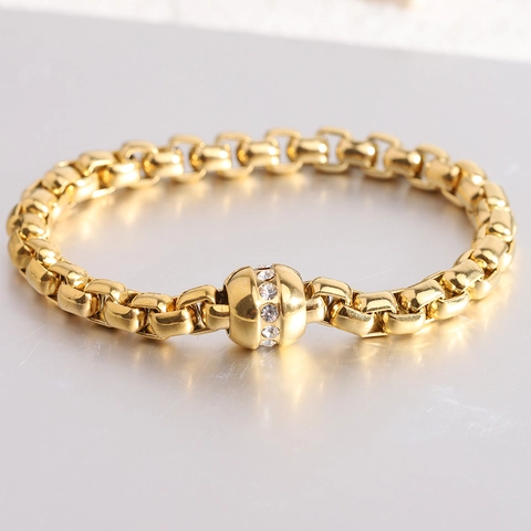 Pulsera De Cadena Veneciana De Acero Inoxidable Chapada En Oro 18K Con Cuentas De Circón Joyería Para Mujer