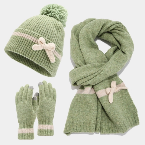 Winter Strickmütze Schal Und Handschuhe Damen Warm Bommel Schleife Dekorative Streifen Touchscreen Weich Acryl Dick