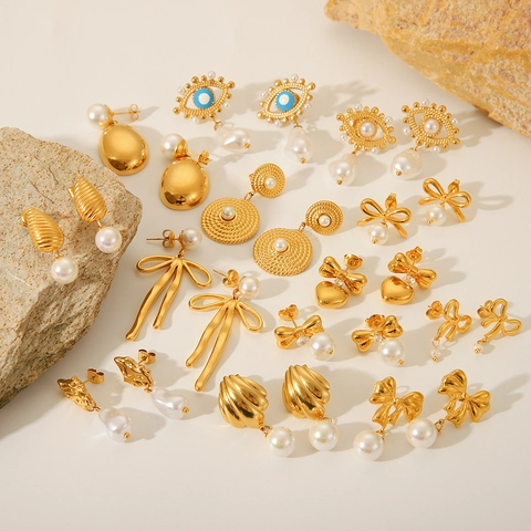 Pendientes De Perlas Artificiales Con Poste De Acero Inoxidable Chapado En Oro 18K Estilo Francés Ojo Turco Lazo Corazón Joyería Mujer