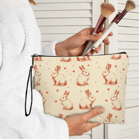 Easter Rabbit Makeup Bag Linen Fabric Zipper Cosmetic Pouch With Wristlet Strap Heart Print Travel Toiletry Organizer