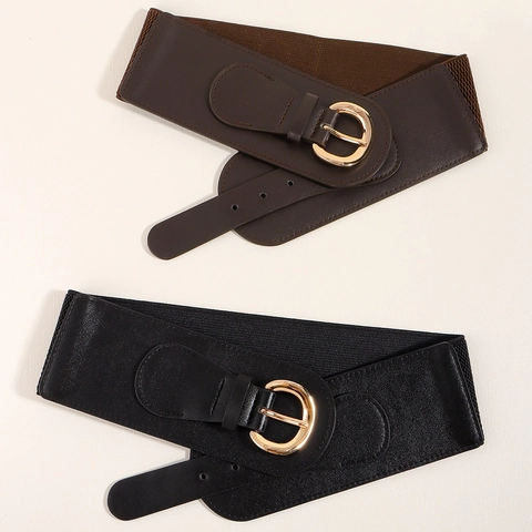 Cintura Corsetto Larga Da Donna Similpelle Elastica Fibbia Metallo Dorato Estensibile Per Vestito Cappotto Versatile