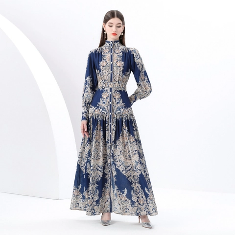 Vestito Lungo Maxi Con Stampa Paisley Collo Alto Maniche A Lanterna Elegante Retro In Poliestere Da Donna