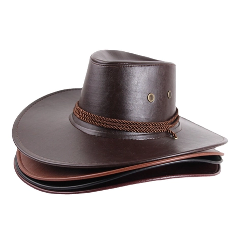 Western Cowboy Hat PU Leather Wide Brim Sun Protection Windproof Chin Strap Vintage Outdoor Fedora Style For Men Women