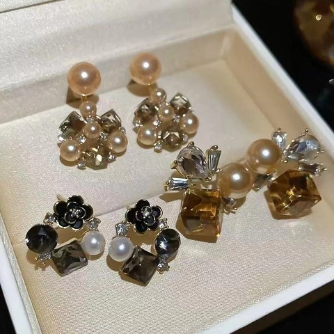 Elegant Floral Geometric Alloy Rhinestone Enamel Earrings With 925 Sterling Silver Earring Post French Vintage For Women