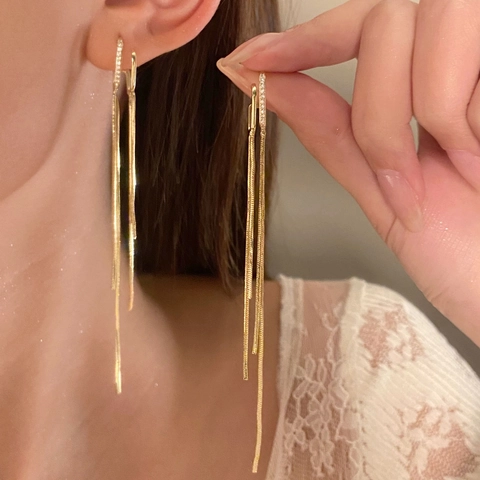 Long Tassel Dangle Earrings For Women Alloy Rhinestone Chain Drop Jewelry With Stainless Steel Earring Post