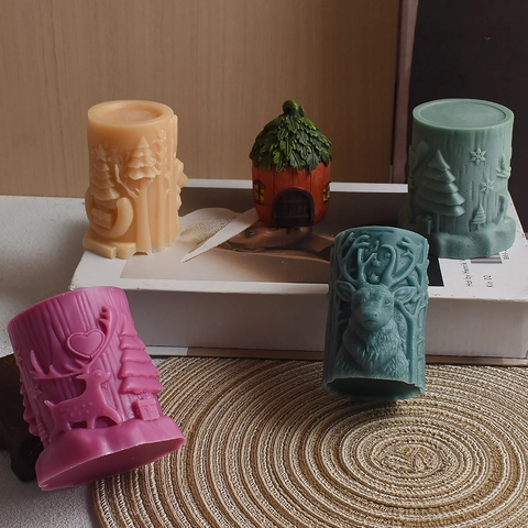 3D Relief Reindeer Christmas Tree Silicone Candle Mold Cylindrical Forest Elk DIY Soap Resin Crafting Tool Festive Decor