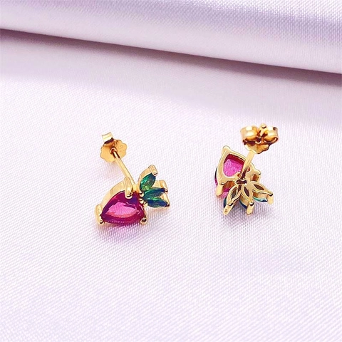 925 Sterling Silver Strawberry Stud Earrings For Women Cute Pink Green Rhinestone Fruit Earrings Gold Plated Sweet Student Jewelry