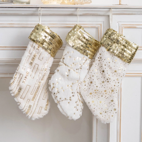 Calze Di Natale Peluche Bianco Con Paillettes Dorate Motivo Stella Bacche Per Camino Decorazione Festa Casa
