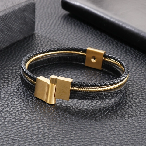 Bracciale Pelle Intrecciata Multistrato Uomo Acciaio Inossidabile Chiusura Magnetica Punk Borchie Piramidali Catena Serpente