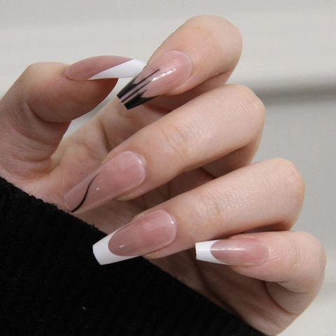 French Style Press On Nails Coffin Shape Black And White Minimalist Line Art Abstract Fake Nails For Women