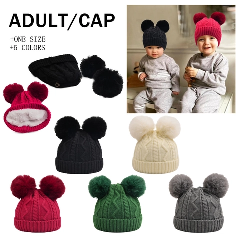 Bonnet D'Hiver En Maille Torsadée Avec Pompons Amovibles En Fausse Fourrure Doublure Polaire Chaude Pour Enfants Et Adultes