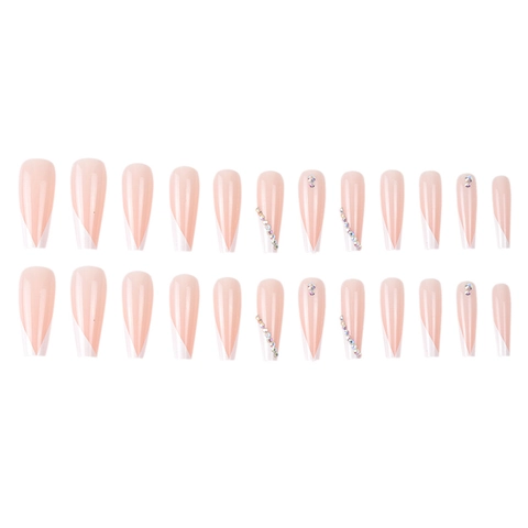 Unghie Finte Lunghe A Bara French V Bianco Rosa Con Strass Manicure Elegante Lucida