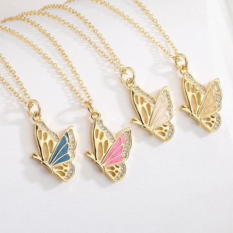 Collier Pendentif Papillon Cuivre Plaqué Or 18K Émail Zircon Inlay Chaîne Clavicule Bijoux De Niche Pour Femmes