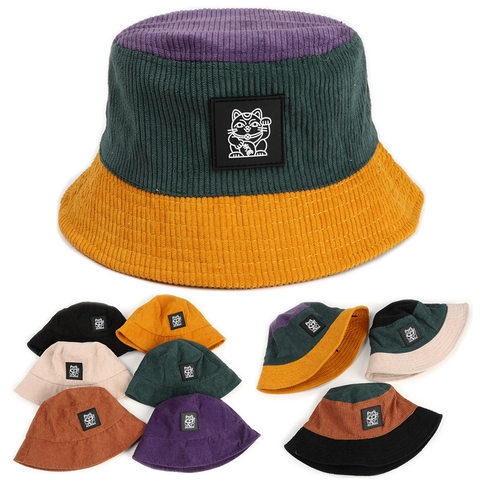 Cappello Pescatore Velluto A Costine Patch Gatto Della Fortuna Color Block Caldo Autunno Inverno Antivento Donna