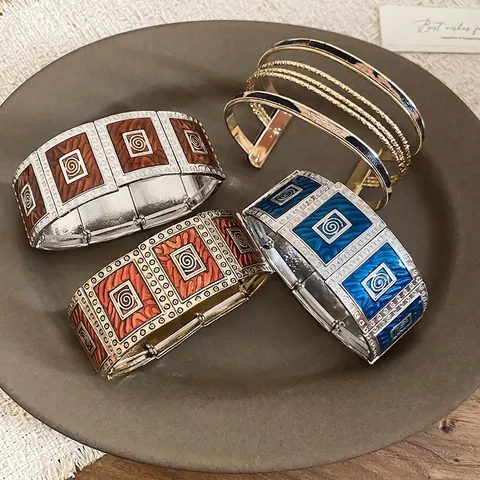 Vintage Boho Emaille Quadrat Geometrische Spirale Legierung Elastisches Armband Mode Retro Schmuck Für Frauen
