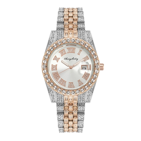 Luxury Rhinestone Encrusted Women Quartz Watch Fashion Steel Band Date Display Roman Numerals Round Dial