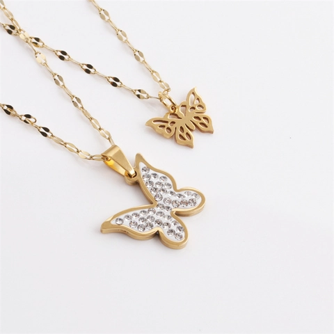 Collier Pendentif Papillon Double Couche Acier Inoxydable Strass Émail Plaqué Or Bijoux Tendance Pour Femmes