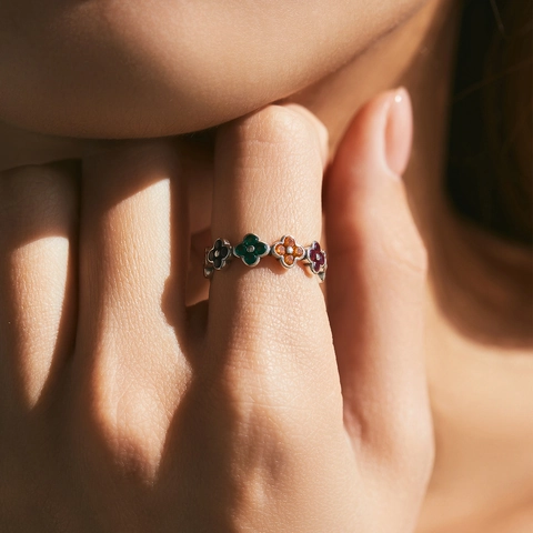 925 Sterling Silver Ring With Colorful Cubic Zirconia Multi Color Four Leaf Clover Floral Jewelry For Women