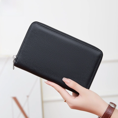 Cartera Larga De Cuero Genuino Protección RFID Porta Pasaporte Grano De Lichi Gran Capacidad Bolso De Mano Viaje