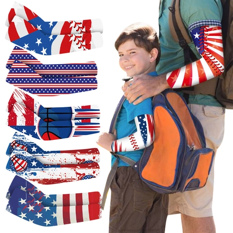 USA Flag Digital Print Sun Protection Arm Sleeves Quick Dry Elastic Cooling Arm Guards For Cycling Outdoor Men Women Kids