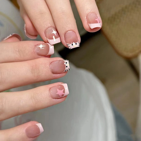 Pink French Press On Nails With Stars And Cartoon Cat Patterns For Women Students Cute Sweet Short Square Manicure Kit