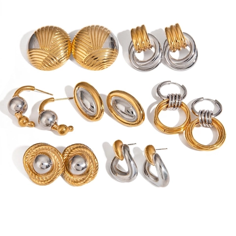 Stainless Steel Hoop Earrings For Women 18K Gold Plated Two Tone Chunky Geometric Twisted Studs Waterproof Jewelry Elegant