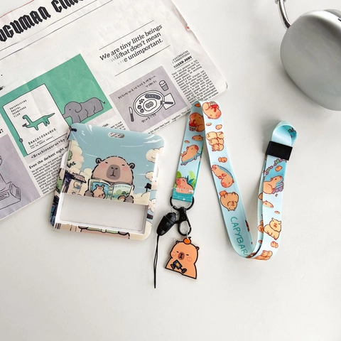 Cute Capybara Card Holder And Lanyard Cartoon Plastic ID Badge Case For Office Student Daily Use