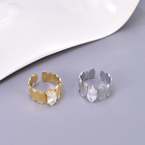 Anello Aperto in Acciaio al Titanio Minimalista per Donna Design a Catena Ovale con Strass Marquise Regolabile Oro Argento