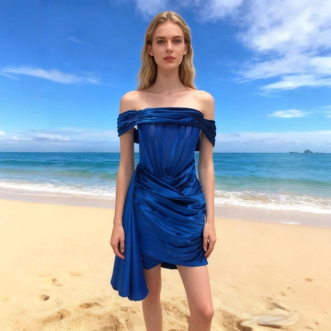 Koningsblauw Satijnen Off Shoulder Mini Jurk Geplooid Bodycon Corset Taille Elegante Party Cocktailjurk Dames