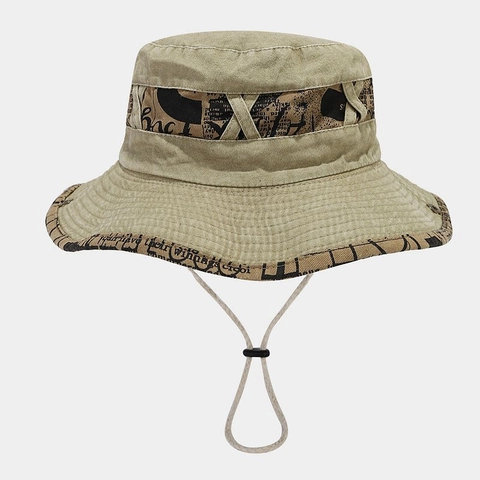 Vintage Washed Cotton Bucket Hat With Newspaper Print Wide Brim Outdoor Sun Protection Cowboy Style Adjustable Wind Rope