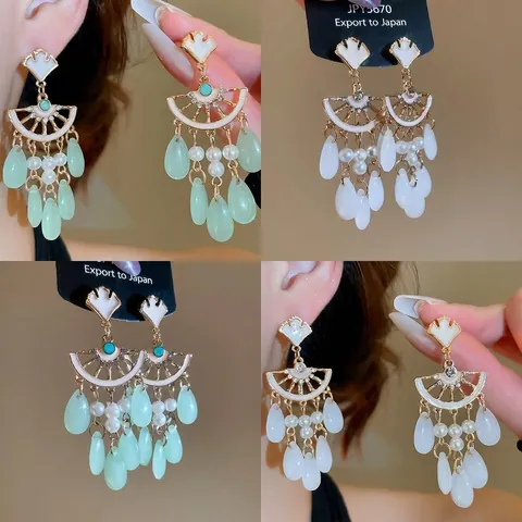 Pendientes Colgantes Vintage Con Hoja De Ginkgo Y Forma De Abanico Con Poste De Plata De Ley 925 Perla Artificial Diamantes De Imitación Vidrio Gota De Agua Borla