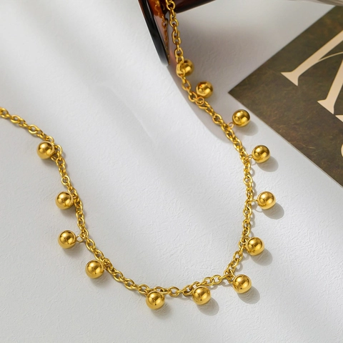 Stainless Steel Gold Plated Necklace With Polished Ball Tassels Multiple Spherical Lucky Beads Dainty Jewelry For Women