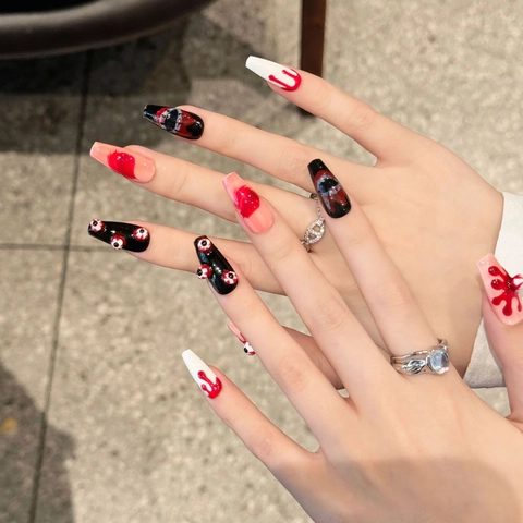 Uñas Postizas Hechas A Mano 3D Ojo Sangre Gótico Horror Halloween Forma Ataúd Largo Resina Arte Para Mujeres