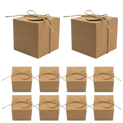 Vintage Square Kraft Paper Gift Packaging Cases With Hemp Rope And Tags For Wedding Party Favor Candy DIY Folding Cardstock